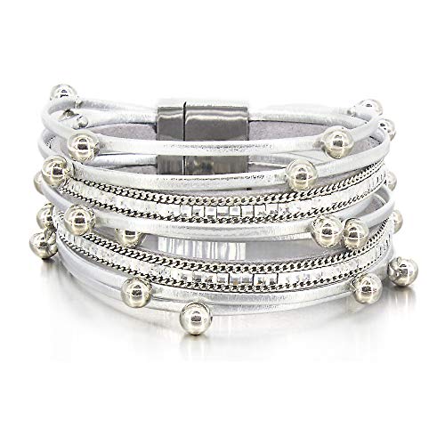 FANCY SHINY Bead Leather Bracelet Boho Wrap Bracelet Layered Rhinestone Cuff Bracelet with Magnetic Clasp,7.5"(Silver)