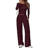 Trendy Queen Women's 2 Piece Matching Lounge Set Long Sleeve Side Ruching Top Wide Leg Drawstring Pants Set with Pockets