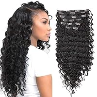 Clip in Hair Extensions Synthetic hair Clip in 140G 7Pcs/Lot Japanese Heat Resistant Fiber Hairpieces Deep Wave/Body Wave/Straight hair (Deep Wave, Dark Brown 2#)