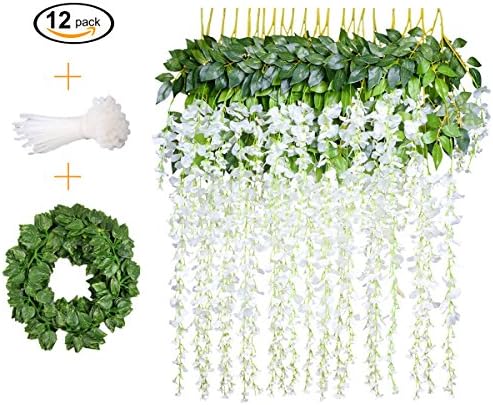 12 PCS, 3.6 feet, Artificial Wisteria Vine Ratta Hanging Garland Silk Flower String Set || Come with a 7 feet Leaf Vine String and 18 pcs Zip Ties || By KooCoo Mummy (White)