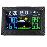 Mesuvida Wireless Weather Forecast Station, Indoor Outdoor Digital Color Weather Monitor with Home Alarm Clock, Temperature Sensor, Digital Time, Calendar, Weather Gadget, Thermometer Tabletop.