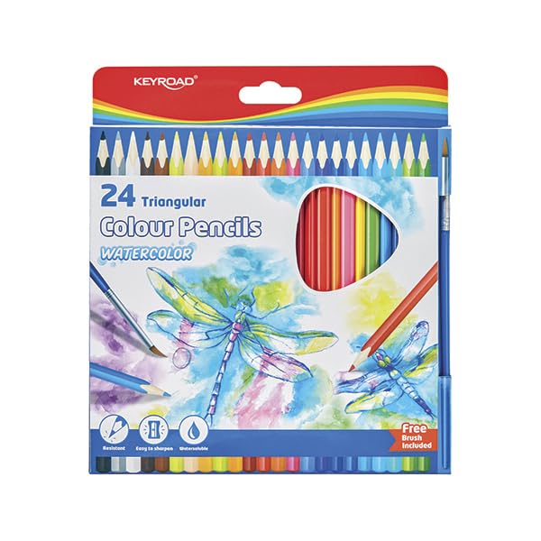 KEYROAD Watercolour Pencils with Brush/Pack of 24 / Mixed Colours/Adults and Children/Colouring Pencils
