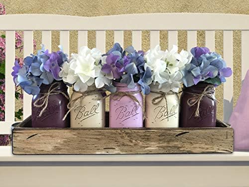 ChristmasSign MASON Jar Decor Spring Table Centerpiece Flowers optional Antique White TRAY with Handles 5 Ball Painted Pint Jars Distressed Wood Purple