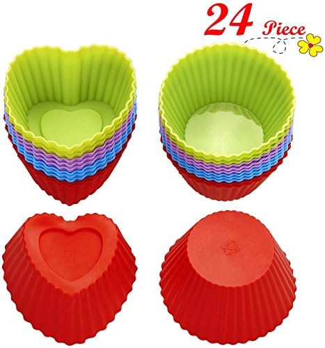 Chefaith 24-Pcs Reusable Silicone Baking Cups, Cupcake Liners, Muffin Cups [12 Heart-Shaped &amp; 12 Round Cups, Each with 4 Colors] - Non-Stick, Heat Resistant (Up to 480F) Mini Baking Molds, Food Grade