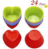 Chefaith 24-Pcs Reusable Silicone Baking Cups, Cupcake Liners, Muffin Cups [12 Heart-Shaped & 12 Round Cups, Each with 4 Colors] - Non-Stick, Heat Resistant (Up to 480F) Mini Baking Molds, Food Grade