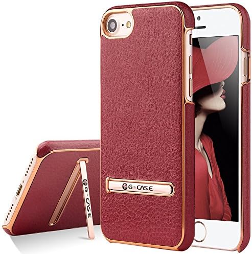 Prosper Pu Leather Back Shell with Built-in Kickstand & Slot for Nano Sim Card+Ejector Pin Shock Absorption Back Cover Case for iPhone 7/ iPhone 8 (Red)