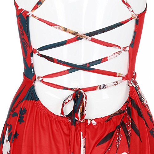 Nikuya Women Floral Print Cross Strap High Waist Split Casual Sleeveless Sling Dress (Red, S) - Thumbnail 7