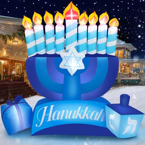 8FT Tall Hanukkah Inflatables Outdoor Decorations, Inflatable Hanukkah Menorah with Candles and