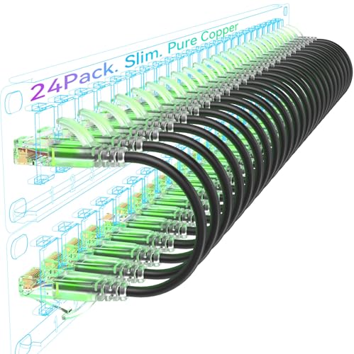 Sokqovt Cat6a Patchkabel, schmal, 4,5 m (24 Stück), flexibles Ethernet-Kabel, 10G, 550 MHz, 28 AWG, reines Kupfer, Cat6 für Netzwerkschrank, Schwarz