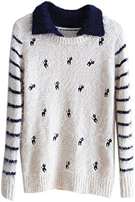 Tirahse New Style Women's Mohair Cat Print Collared Stripe Pullover Sweater CyanFree Fashion