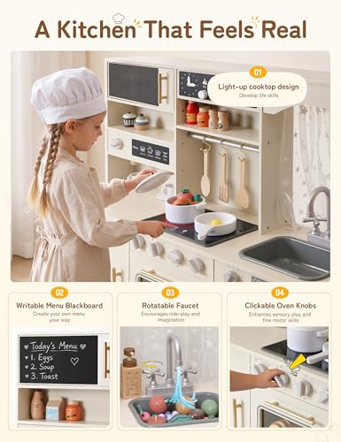 besrey Play Kitchen for Kids, Wooden Kids Play Kitchen Playset with Real Lights & Sounds, Toddler Toy Kitchen with Fun Cookware Accessories, Pretend Play Kitchen Gift for Age 3+