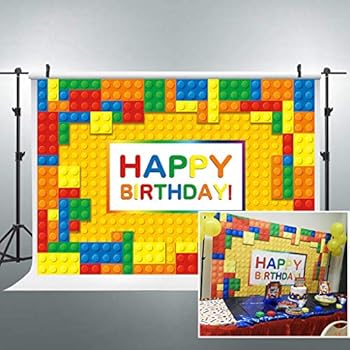 Riyidecor Happy Birthday Party Colorful Building Blocks Chips Backdrop Boy Kid 7x5 Feet Photography Backgrounds Home Decor Celebration Photo Shoot Studio Props Banner Vinyl Cloth