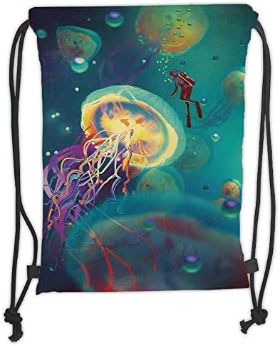 OQUYCZ Drawstring Sack Backpacks Bags,Fantasy Art Decor,Giant Jellyfish and Diver in the Sea Underwater Submarine Aquatic Art,Teal Purple Soft Satin,5 Liter Capacity,Adjustable String Closure,