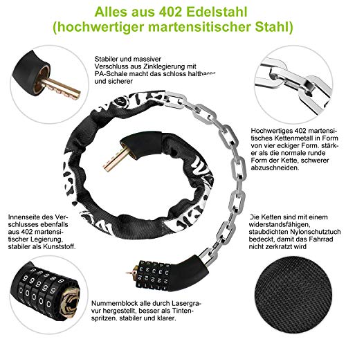 Fahrradschloss Zahlen zahlenschloss fahrrad kettenschloss Zahlenkombination Stahlkettenglieder sicherheitsstufe sehr hoch-Fahrradschloss kettenschloss für Kinder und Erwachsene und Motorrad 90cm/890g – Bild 3