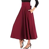HamLen Women's Casual High-Waisted Pleated Maxi Skirt with Pockets,Solid Long Vintage Strappy Skirt
