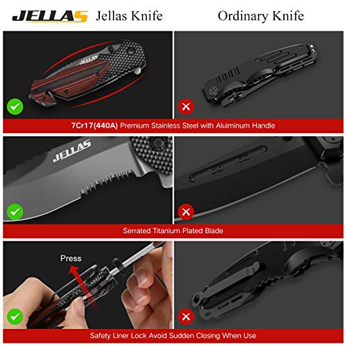 image for Jellas 7Cr17(440A) 4 in 1 Pocket Folding Knife with Leather Sheath and