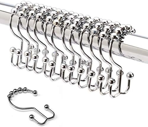 Wallesun Shower Curtain Rings Hooks Rustproof Metal Double Roller Glide Bathroom Shower Window Rod，Set of 12 (Polished Chrome)
