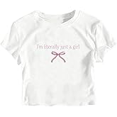 RoseSeek Girl's Letter Bow Graphic Tees Short Sleeve Crewneck Cute Shirts for Teen Girls Trendy