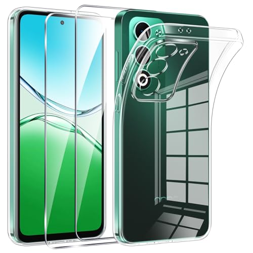 Phoona Case for OPPO A5 4G/5G Case with 2 Pieces Tempered Glass, Transparent TPU Silicone Protection Case for OPPO A5 4G/5G Anti-Shock and Anti-Scratch Case