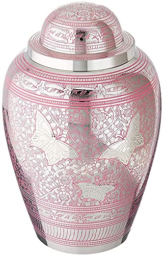 Urns for Ashes Adult Large Cremation Funeral Human Memorial Burial Remain Metal Engraved Full Size Screw Lid Waterproof Pink Butterfly