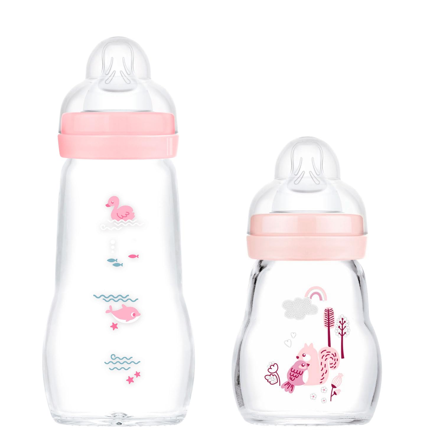 MAM Feel Good Glass Baby Bottle Pack of 2 (170 ml & 260 ml), with Teat 1 Slow Flow for Newborns, Pink
