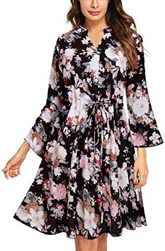 SOLERSUN Women V Neck Flare Half Sleeve Dress Floral A Line Swing Midi Dresses with Pocket