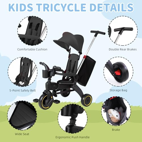 AM ANNA Folding Kids Tricycle, 5 in 1 Baby Trike W/Removable & Adjustable Canopy, Parent Handle, 5-Piont Safety Harness, Toddler Bike Stroller, EVA Wheels, Soft Armrest (Black with Storage Bag)
