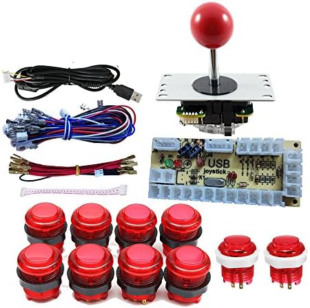 Tongmisi DIY Arcade Joystick Button Kit Parts USB Encoder to PC Controls Games + 10 x 5V led Illuminated Arcade Buttons + 5Pin Joystick (Red Kit)