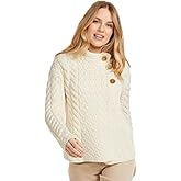 Aran Woollen Mills Womens Irish Cable Knitted Cardigan,100% Supersoft Merino Wool, Asymmetrical Design with Corozo Buttons