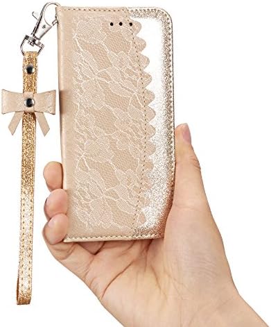 ZCDAYE iPhone 6 6S Case, Flip Wallet PU Leather [Magnetic Closure][Mona Lisa Series] [Lace Flower Pattern] Card Slots and Wrist Strap Folio Stand Cover for iPhone 6/iPhone 6S[Gold]