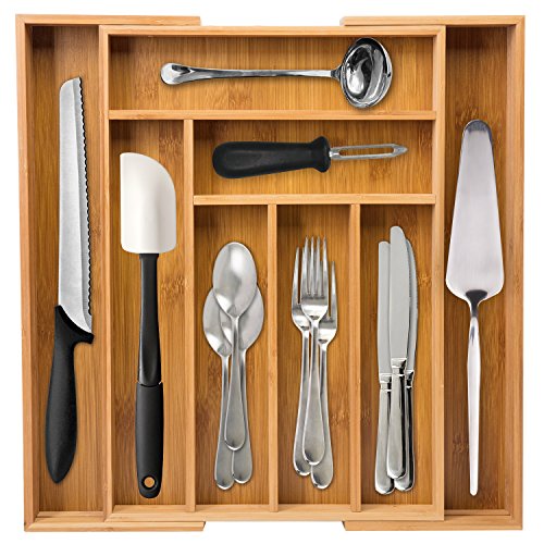 Ivation Large Expandable Bamboo Drawer Organizer - Adjustable Dimensions Multi Compartment Cutlery & Utility Tray for Kitchen Utensils, Silverware, Tools & Other Household Accessories