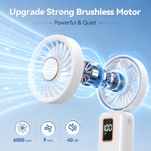 Handheld Fan, 3 in 1 Portable Fan, Mini Fan Battery 6000mAh Rechargeable, Digital Display, 120° Folding, 5 Speed, Quiet Fan Ideal for Travel, Office, Home