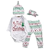 Baby Girls Christmas Xmas 4pcs Outfit Headband+Hat+Romper+Pants Leggings (L(6-12M), White)