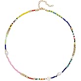 Wellike Freshwater Pearl Beaded Necklace for Women Handmade Boho Colorful Glass Beads Choker Necklace Stainless Steel 18K Gold Plated Bohemian Women Summer Jewelry Gifts