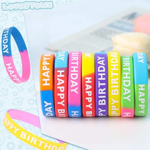 LovesTown 24PCS Happy Birthday Rubber Bracelets, Silicone Stretch Wristbands for Kids Party Supplies