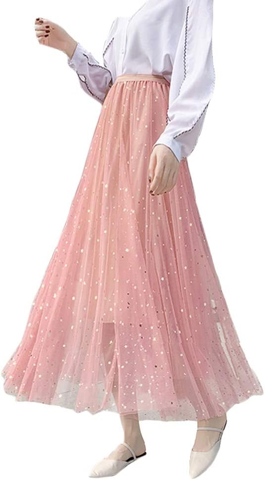 Women Ladies Long Tulle Skirts Sequins Stars Tutu Skirts High Waist Pleated Swing Maxi Skirts