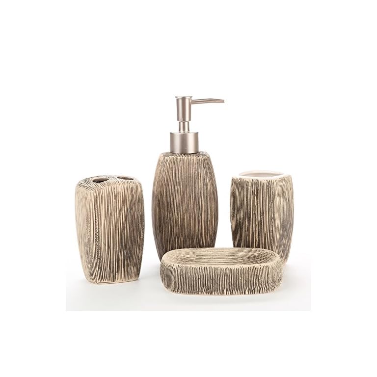 MyGift 4 Piece Brown Ceramic Bathroom Accessories Set w/Soap Dispenser
