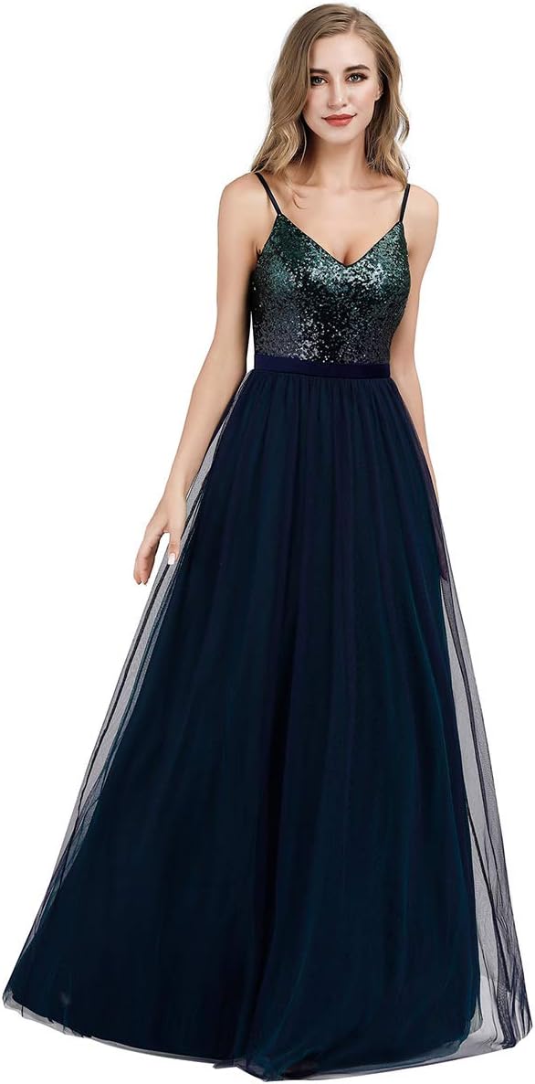 Ever-Pretty Women's Spaghetti Straps V Neck Floor Length Long Prom Dresses with Sequin Bust 07392