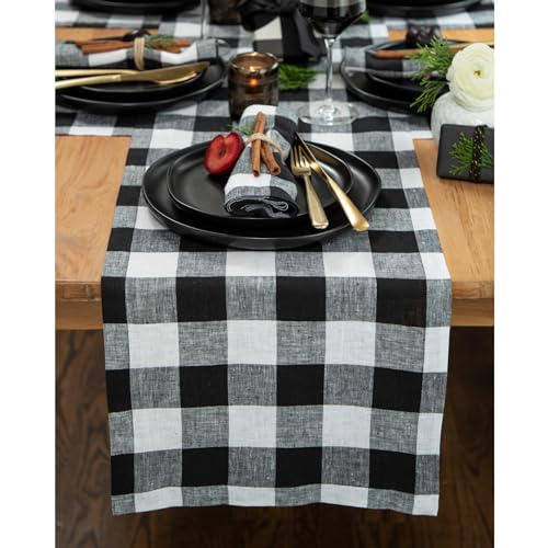Solino Home Black and White Check Linen Table Runner