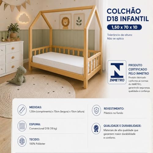 Colchão Espuma D18 150x70 Mini Cama Impermeável Tecido Macio Confortavel cama Montessoriana