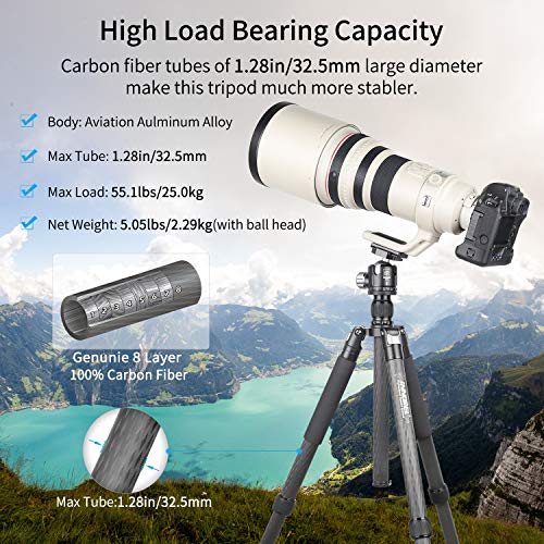 73" Carbon Fiber Ball Head Tripod Monopod with 44mm Low Profile Ballhead INNOREL RT-85C Professional DSLR Camera Tripod 32mm Leg Tube Ultra Stable Max Load 55lbs/25kg