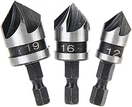 WORTOOL - 3PCS 12/16/19mm 1/4" Hex Shank 5 Flute Woodworking Countersink Bore Set Drill Bit Deburring Tool for Wood Plastic Quick Change Bit.