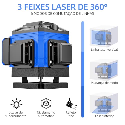 Nível a Laser 12 Linhas Verde Autonivelante 360°, Kit Completo com Tripé e Baterias para Construção e Reformas (Azul)