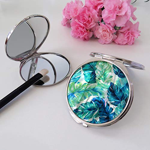 Makeup-Compact-Pocket-Mirror-Mother-of-Pearl-Metal-Round-Double-Sided-Folding-Magnify-Tropical-Palm-Leaves-Green