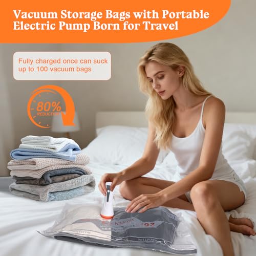 Vacuum Bags for Travel with Rechargeable Air Pump, 12 Pack Compression Packing Bags 80% Space Saver Vacuum Seal Bags for Clothing, Blankets, Comforters, Pillows, Suitcase and Luggage