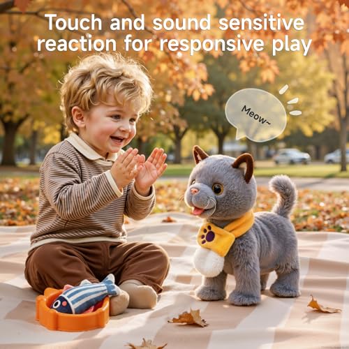 TUMAMA Walking Toy Cat with Remote Control Leash, Walking,Meowing, Shake Tail, Licking, Electric Interactive Stuffed Animal, Birthday Gift for Kids