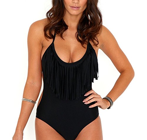 V28 Padded One Piece Fringed Swimsuit Swimwear Monokini (US size: XXXL, Black2) - Thumbnail 7