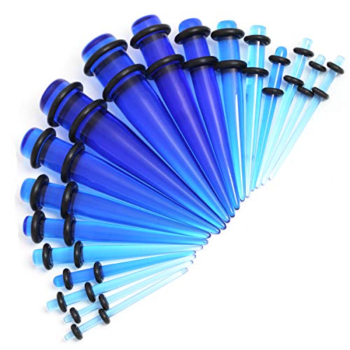 CrazyPiercing 36pcs Ear Gauges Kit Clear Acrylic Tapers and Plugs Double O-Rings 14G-00G Stretching Kit (Clear Blue)