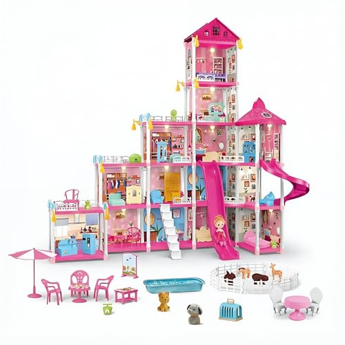 Casa de Boneca Gigante 1m x 1m URBANIUS com Piscina, Escorregador, Área de Pets e Quartos Mobiliados – 314 Peças Educativas para Crianças a Partir de 3 Anos