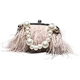 Ostrich Feather Evening Bags Fluffy Clutches for Women, Vintage Pearl Purse Tote Bag for Bridal, Banquet, Party Pink